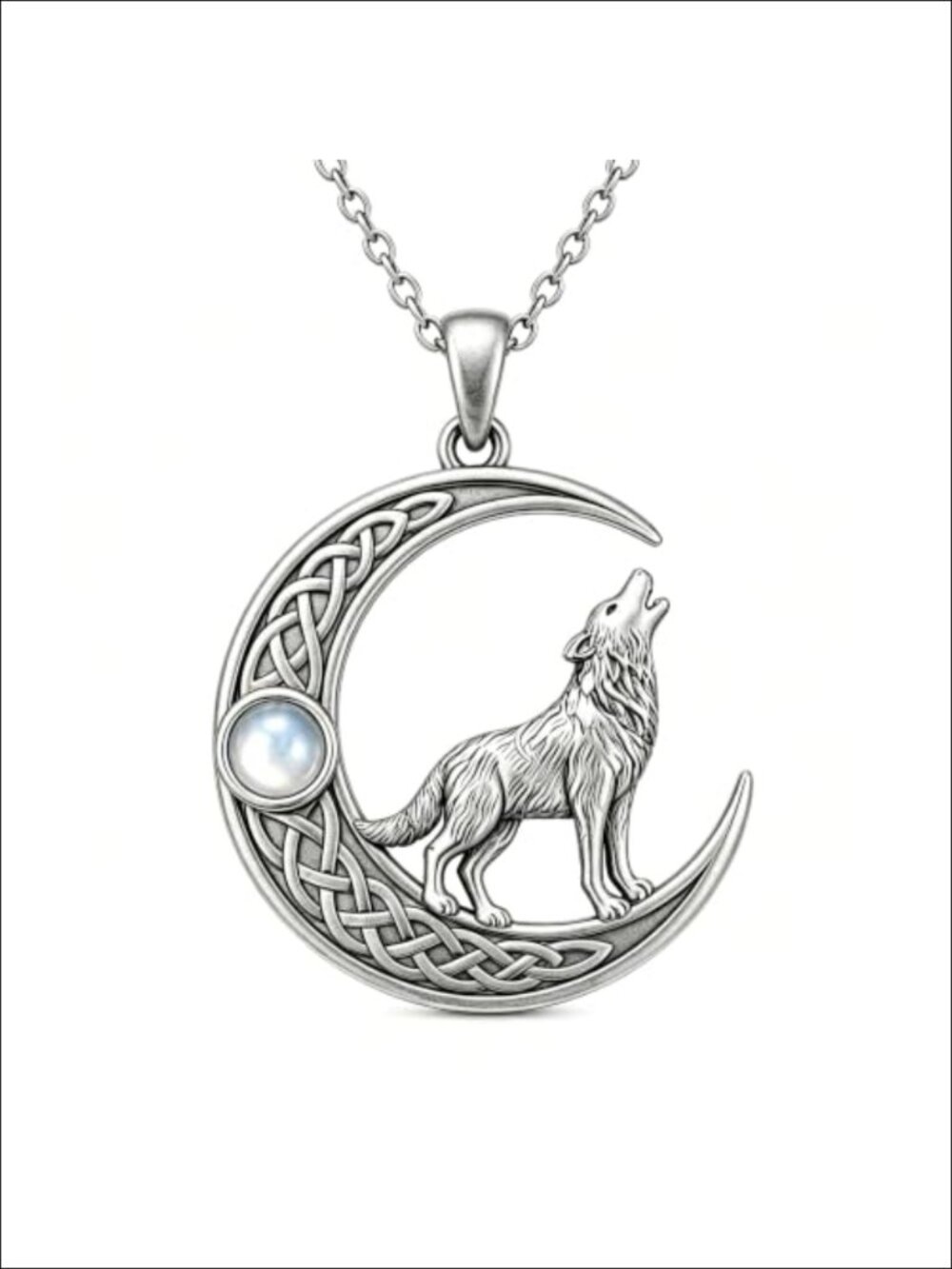 Celtic Wolf 18K White Gold Plated Moonstone Pendant Necklace